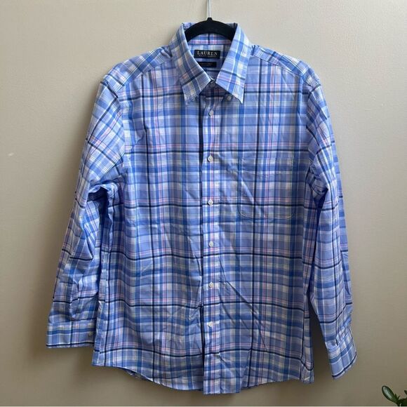 Ralph Lauren Mens Button Up Shirt Blue Pink Plaid Stretch Size M - Picture 1 of 4